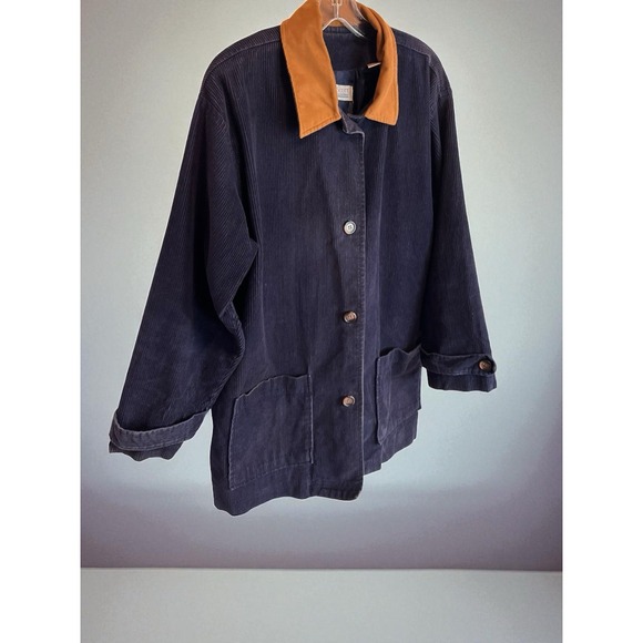 Vintage Karen Scott Cordoroy Chore Coat Navy W/Brown Collar Size Large Cotton - Picture 5 of 5
